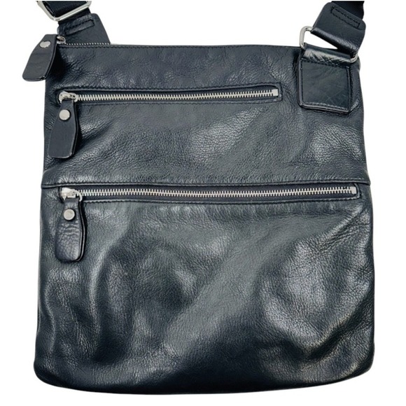 Margot Genuine Leather Black Crossbody Bag Purse Adjustable Strap 2 Zip Pockets - Picture 1 of 10